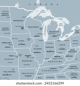 Region des Mittleren Westens der Vereinigten Staaten, graue politische Karte. Mittlerer Westen der Vereinigten Staaten oder Amerikanischer Mittlerer Westen, eine geografische Region südlich der Großen Seen, die vom Mittleren Atlantik, der Süd- und Great Plains begrenzt wird.