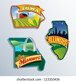 Midwest United States Illinois Missouri Iowa vector illustrations designs