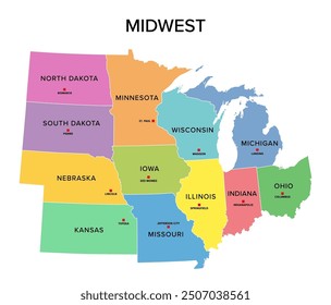 Midwest, U.S. census region, multi colored political map. Census region 2 of the United States, consisting of 12 single states. Colored silhouettes of single states with borders and their capitals.