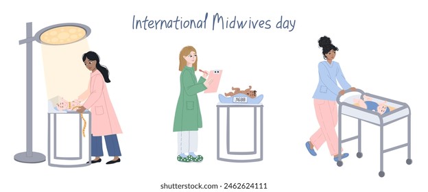 Midwife is checking on the baby in the maternity hospital. Process of measuring a newborn baby. Vector cartoon set of illustrations with midwives and infants. Healthcare medical concept.