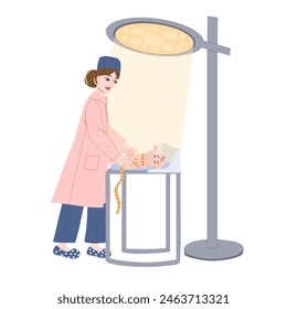 Midwife is checking on the baby in the maternity hospital. Process of measuring a newborn baby. Vector cartoon illustration with a nurse and infant. Phototherapy process for a child.