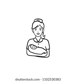 A Midwife With A Child Hand Drawn Outline Doodle Icon. Newborn Baby Infant In Midwife's Hands Vector Sketch Illustration For Print, Web, Mobile And Infographics Isolated On White Background.