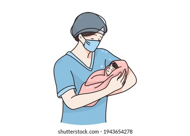 Midwife or doctor with newborn concept. Woman nurse doctor or midwife in medical mask standing holding newborn baby infant in hands in maternity hospital vector illustration 