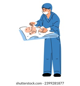 A midwife, a doctor with a newborn. A female nurse, doctor or midwife in a blue uniform wearing a medical mask examines the baby in full growth. A newborn baby on a changing table in a hospital vector