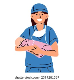 A midwife or a doctor with a newborn. A woman nurse, doctor or midwife smiles in a blue uniform, standing holding a newborn girl in her arms in a maternity hospital vector illustration. Baby