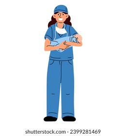A midwife or a doctor with a newborn. A woman nurse, doctor or midwife smiles in a blue uniform, standing tall, holding a newborn boy in her arms in a maternity hospital vector illustration