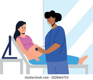 A midwife examines a pregnant woman. The doctor listens to the baby's heartbeat. A pregnant woman is being examined. Scheduled medical examination. A woman is lying on a couch