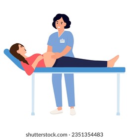 Partera examinando a la madre expectante y satisfecha con el chequeo. Ginecólogo, obstetra   conmovedor vientre de una paciente embarazada en el sofá. Concepto de maternidad y atención de la salud. Ilustración del vector