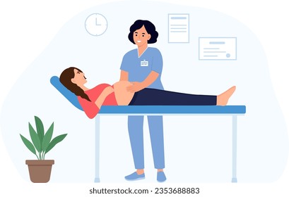 Midwife examining expectant mother and satisfied with checkup. Gynecologist, obstetrician   touching belly of pregnant patient lying on couch. Maternity and healthcare concept. Vector illustration