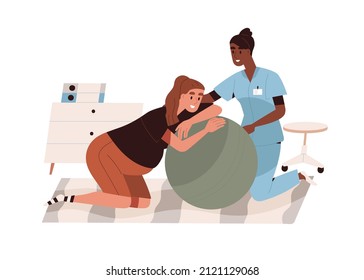 Partera ayudando a mujeres embarazadas durante el parto, parto en casa. Obstetricista asistiendo en el parto de un bebé en una pelota. Mamá en preparación para el parto. Ilustración vectorial plana aislada en fondo blanco.