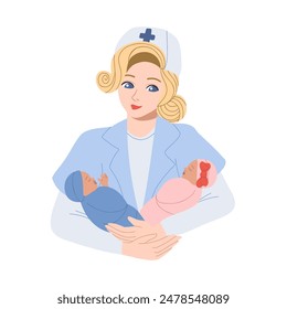 Midwife holding a babies in her arms. Vector hand drawn illustration. International Midwife Day. A smiling female doctor holds a newborn baby.