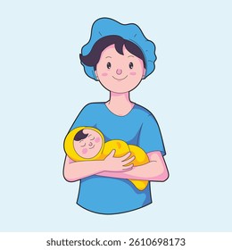 Midwife holding her newborn baby, smiling and showing love and care.