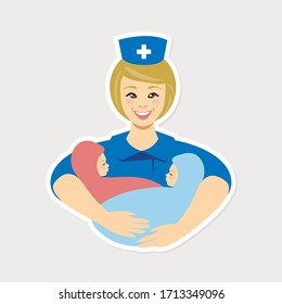 Midwife holding two newborns. Vector flat illustration