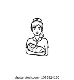 A midwife holding wraped child hand drawn outline doodle icon. Newborn baby infant in midwife's hands vector sketch illustration for print, web, mobile and infographics isolated on white background.