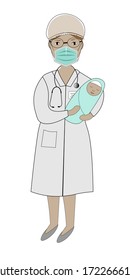Midwife holds a newborn baby in her arms. Greeting card with International Day of the Midwife.