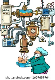 Midwife and newborn, maternity hospital concept, artificial pregnancy. machine conveyor complex apparatus funny production. Comic caricature por art retro vector illustration