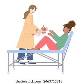 Midwife is taking care of a woman in the birthing center. Health care of the baby and his mother at the maternity hospital. Vector flat illustration with a nurse and patients.