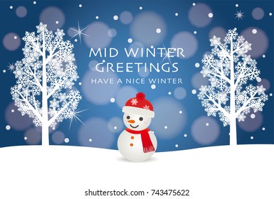 Mid-winter greeting card of snowman