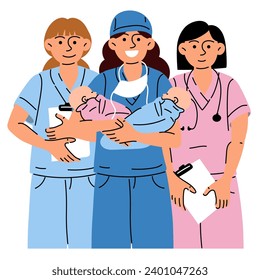 Comadronas, trabajadores médicos que tienen bebés y documentos. uniformes médicos de enfermeras gemelas, niños de azul y rosa. Después de dar a luz, ser dado de alta. Un grupo de enfermeras con uniformes de colores para el