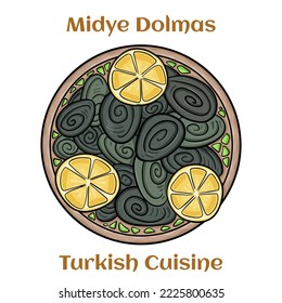 Midye Dolmas. Turkish Street Food Stuffed Mussels with Lemon.  