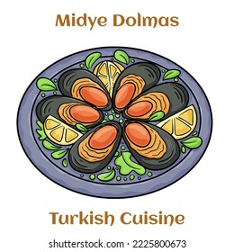 Midye Dolmas. Turkish Street Food Stuffed Mussels with Lemon. Turkish traditional cuisine. 