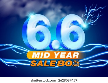 Banner de vendas no meio do ano 6.6 Rainy Season com efeito Lightning e Storm Sky, adequado para promoção e evento para promover negócios on-line, varejo, até 80% de desconto. Ilustração de vetor 3d.