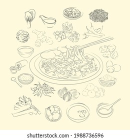 Mie Aceh And Ingredients Illustration Sketch Style, Traditional Food From Aceh, Good to use for restaurant menu, Indonesian food recipe book, and food content. svg