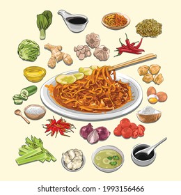 Mie Aceh And Ingredients Illustration, Sketch And Vector Style, Traditional Food From Aceh, Good to use for restaurant menu, Indonesian food recipe book, and food content. svg