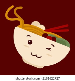 Mie Ayam Baso, Indonesian Traditional Noodle in Kawaii Doodle Style Vector. Suitable for Culinary Mascot, etc. 