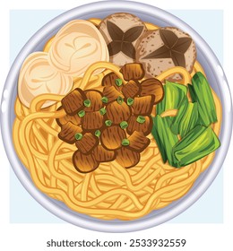 Mie Ayam Bowl Top View. Wheat Noodles, Diced Chicken, Choy Sum, Spring Onions, Bakso and Wonton. Authentic Indonesian Cuisine Detailed Illustration 