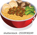 Mie Ayam Bowl with Wonton, Bakso, Caisim and Diced Chicken, Garnished with Spring Onions. Indonesian Cuisine Detailed Illustration 