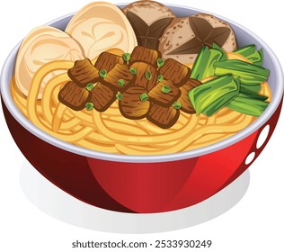 Mie Ayam Bowl with Wonton, Bakso, Caisim and Diced Chicken, Garnished with Spring Onions. Indonesian Cuisine Detailed Illustration 