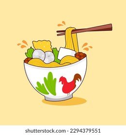 Mie Ayam Indonesia Traditional Food. Noodle cuisine with meatball, flying chopstick, vegetable. Indonesian ramen plate in the bowl with chicken graphic. Asian authentic dish. vector. illustration