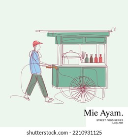 Mie Ayam Seller Pushing A Cart, Indonesian Street Food Vendors Cartoon Line Art Vector Illustration Template