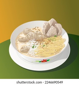 Mie Bakso (Mean: Meatball noodles), one of Indonesian specialties. Vector illustration isolated