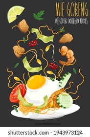 Mie Goreng. Indonesian fried noodles. Vector illustration