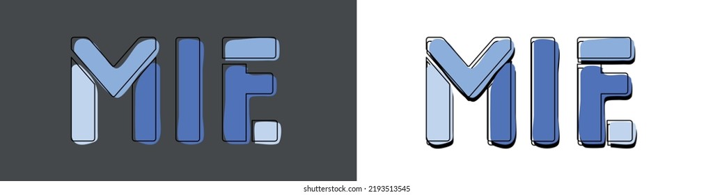 Mie. Isolate curves doodle letters. Blue colors. Mie is place in Japan. Set 2 in 1 for print, booklet, banner, social network, web resources, mobile app. Stock vector