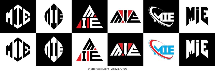 MIE letter logo design in six style. MIE polygon, circle, triangle, hexagon, flat and simple style with black and white color variation letter logo set in one artboard. MIE minimalist and classic logo