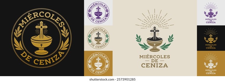 Miercoles de Ceniza, Ash Wednesday Spanish text, catholic Christian holy week celebration, emblem set design