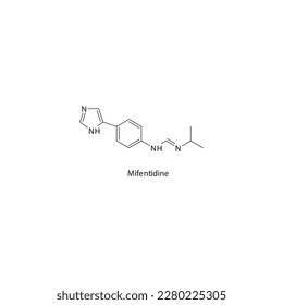 Fármaco antagonista del receptor H2 de la estructura molecular esquelética plana de mifentidina utilizado en el tratamiento de ardor de estómago, úlcera péptica. Ilustración vectorial.