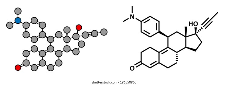 Mifepristone abortion inducing drug, chemical structure. Also used as emergency contraceptive agent. Skeletal formula and stylized representation, showing atoms (except H) as color coded circles. 