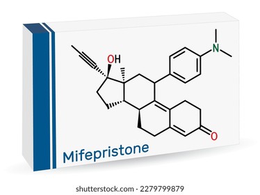 Mifepristone, molecule. It is progestational, glucocorticoid hormone antagonist, emergency contraceptive agent. Skeletal chemical formula. Paper packaging for drugs. Vector illustration