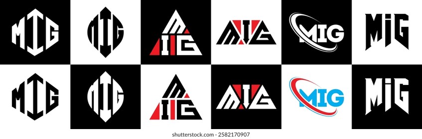 MIG letter logo design in six style. MIG polygon, circle, triangle, hexagon, flat and simple style with black and white color variation letter logo set in one artboard. MIG minimalist and classic logo