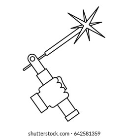 Mig welding torch in hand icon in outline style isolated vector illustration