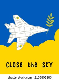 MIG-29 as peace dove with olive branch. Russia Ukraine war poster. Close the sky over Ukraine. Ghost of Kyiv.