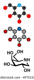 Migalastat Fabry disease drug molecule. Stylized 2D renderings and conventional skeletal formula.