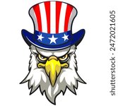 mighty american eagle cartoon mascot vector wearing an uncle sam hat, work of hand drawn