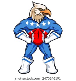 Vector de la mascota de la historieta del águila americana poderosa con el uniforme estampado de la bandera americana, trabajo de la mano dibujada