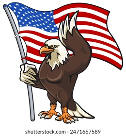 mighty american eagle cartoon mascot vector holding a american flag, work of hand drawn