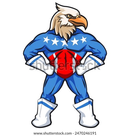 mighty american eagle cartoon mascot vector with american flag patterned uniform, work of hand drawn
